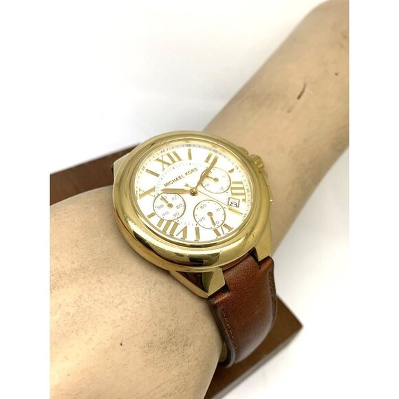 Michael Kors Women\'s Watch MK2266 Quartz Gold Silver Dial Leather Band 43mm